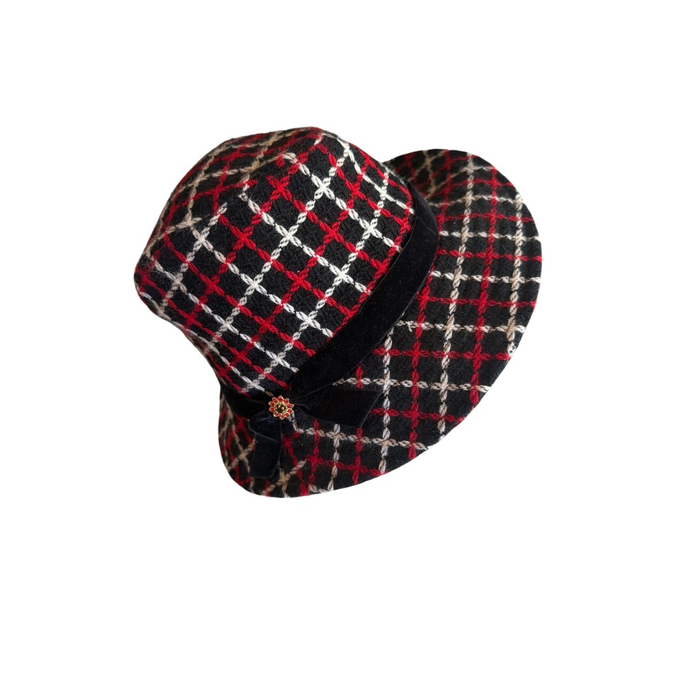 Liz Claiborne Bucket Hat Red Black White Plaid Wool Velvet Band Floral Jewel - Picture 3 of 6